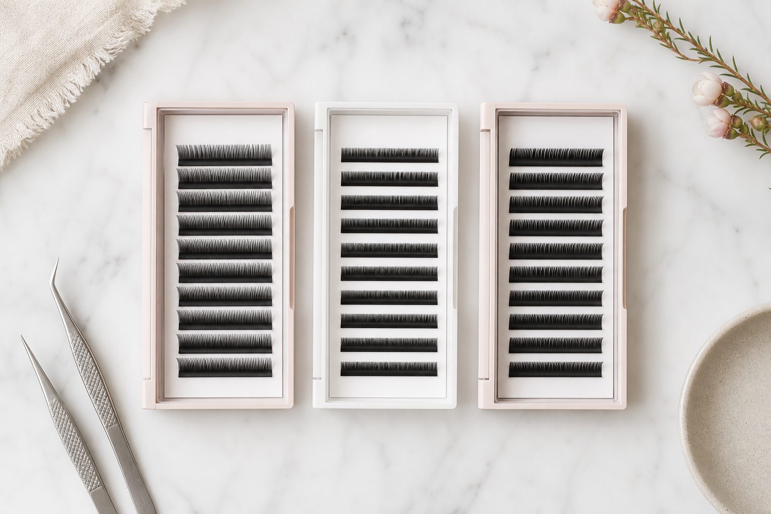 Three lash extension trays and tweezers arranged on a white marble surface in soft daylight