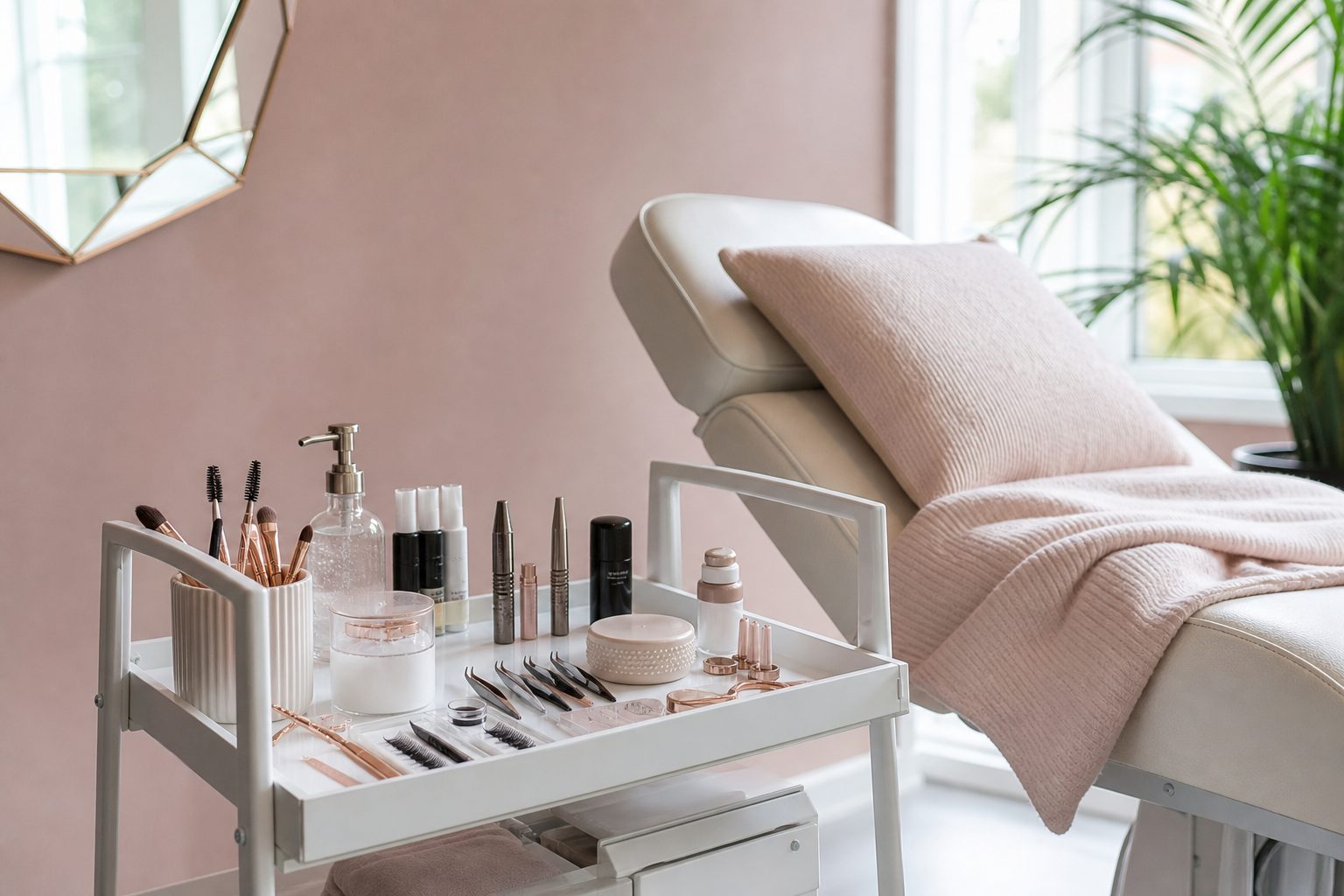 Bright treatment room with brow and lash tools on a white tray beside a reclined chair