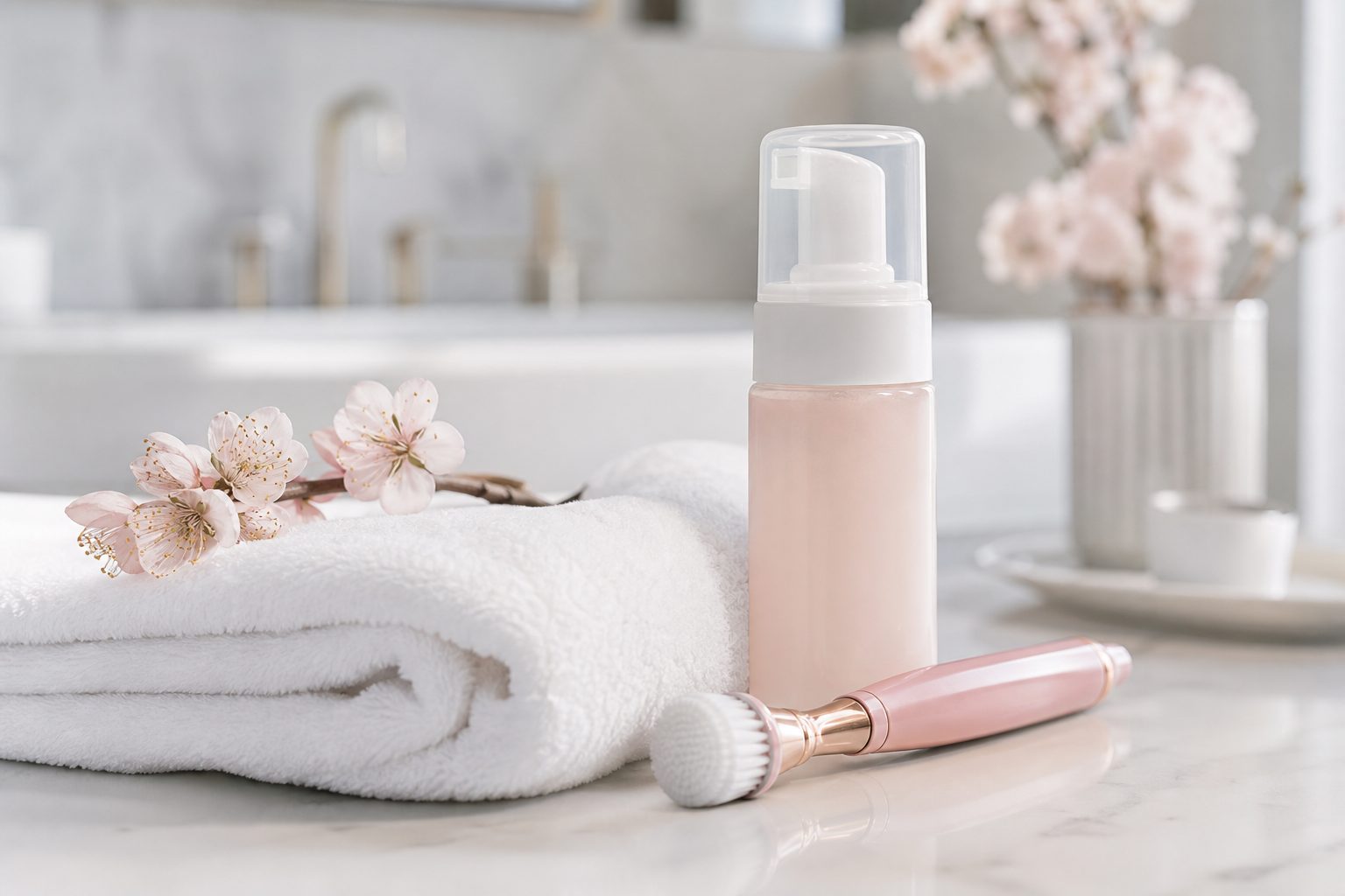 Lash cleansing brush, foam cleanser and folded white towel on a bright bathroom counter