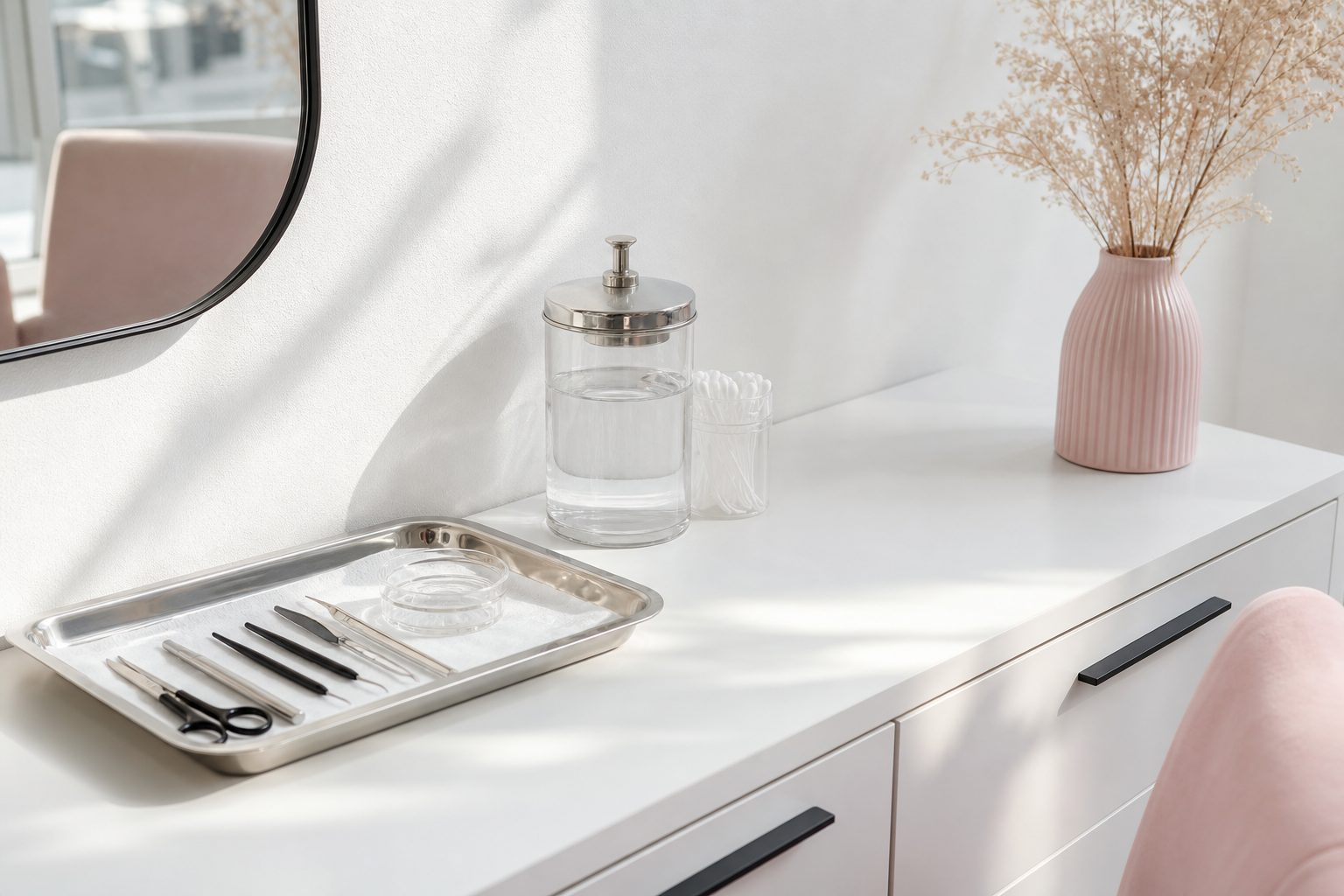 Clean white studio counter with a sanitized tool tray and disinfectant jar in bright morning light