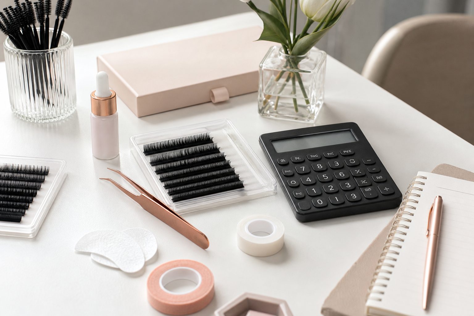 White desk with lash supplies, calculator and notebook arranged neatly in bright daylight