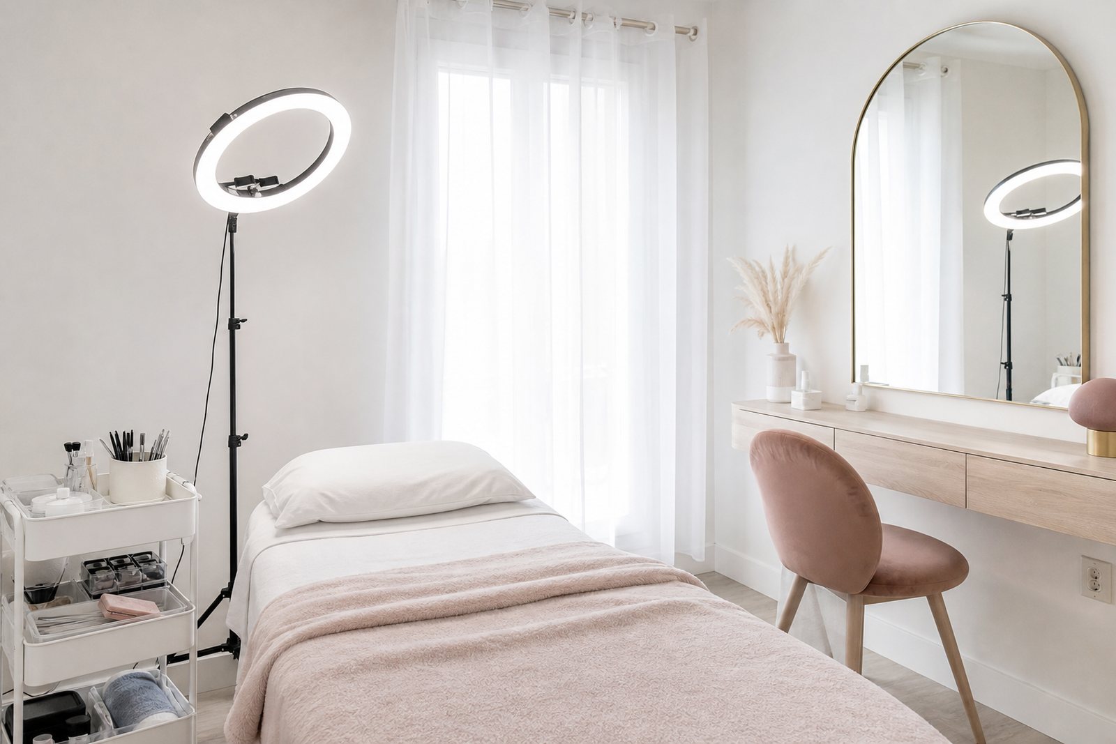An empty lash studio treatment room in daylight with a bed, a rolling tray, a ring light and a wall mirror